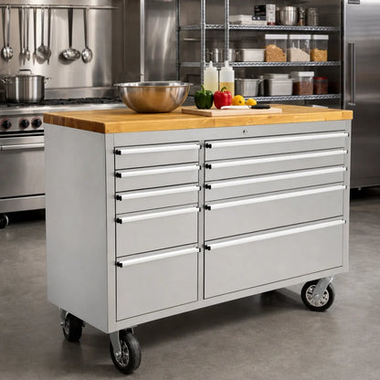 Omcan USA 40463 Mobile Stainless Steel Work Bench with Rubberized Wood Top and 10 Locking Drawers, 55 x 18 x 37 Inches