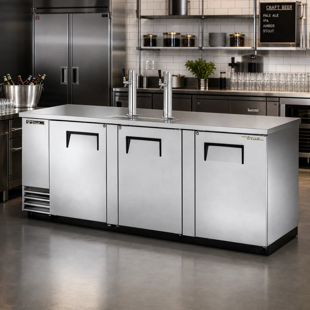 True General Foodservice TDD-4-S-HC Flat-Top Stainless Steel Direct Draw Beer Dispenser, 4 Half-Barrel Kegs, 2 Insulated Columns
