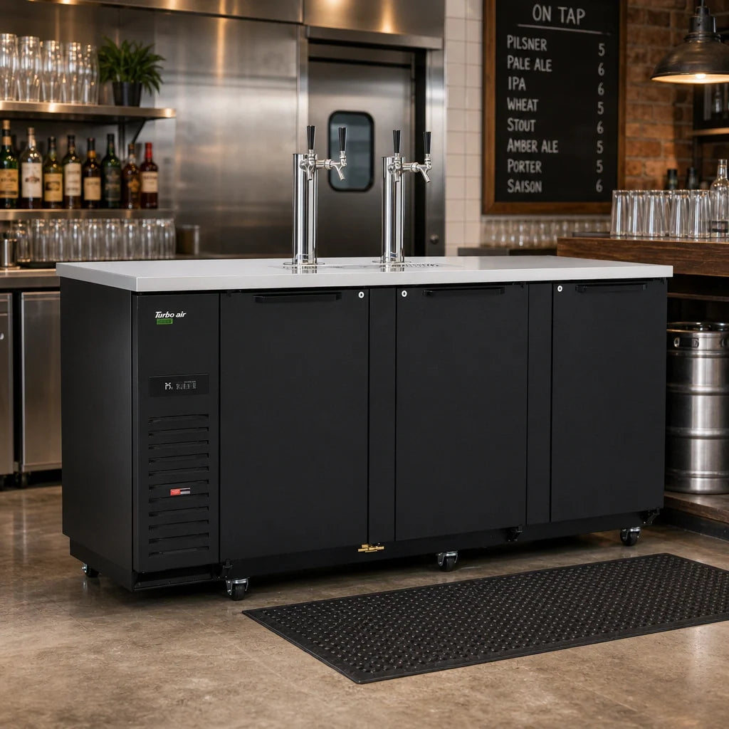 Turbo Air Super Deluxe TBD-4SBD-N Freestanding Beer Dispenser, 4 Half-Barrel Keg Capacity, 2 Columns, 4 Faucets, Black Exterior