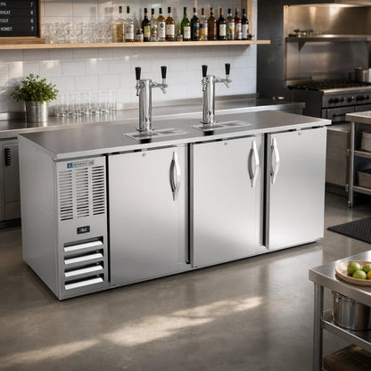 Beverage Air DD78HC-S 78-Inch Three-Door Flat-Top Direct-Draw Beer Dispenser, 4 Kegs, 2 Dual-Faucet Towers, Stainless Steel
