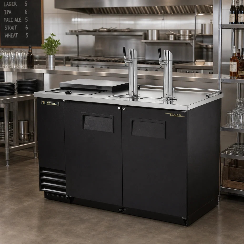 True General Foodservice TDD-2CT-HC Club Top Direct Draw Beer Dispenser, 2 Half-Barrel Capacity, 2 Columns, Black Exterior