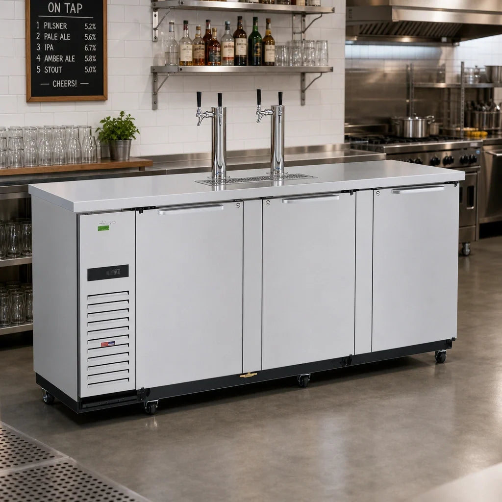 Turbo Air Super Deluxe TBD-4SDD-N 90-1/4-Inch 3-Door Beer Dispenser, 4 Half-Barrel Keg Capacity, Stainless Steel, 2 Columns, 4 Faucets