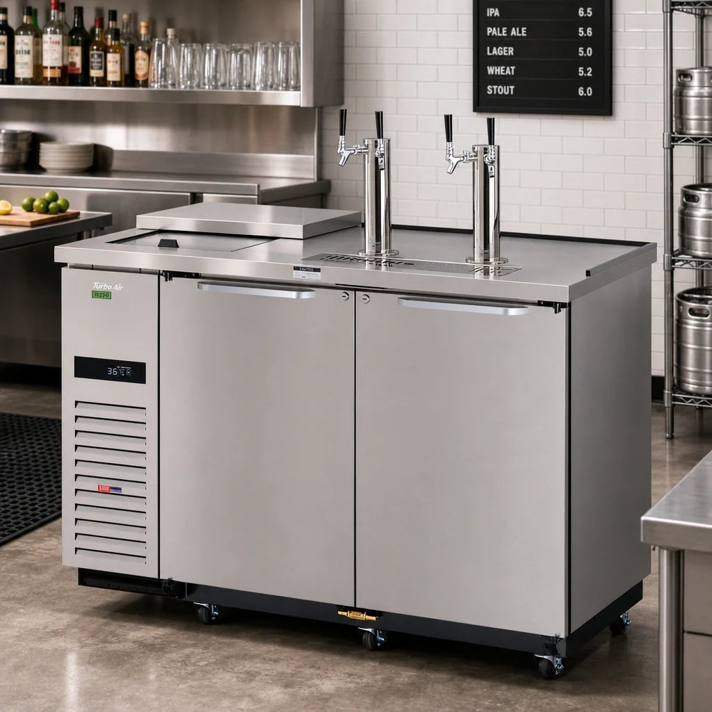 Turbo Air Super Deluxe TCB-2SDD-N6 2-Door Club Top Beer Dispenser, 2 Half-Barrel Kegs, Stainless Steel, Dual 4-Faucet Towers