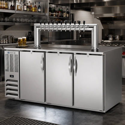 Beverage Air DD72HC-S-12T 72-Inch Three-Door Direct Draw Beer Dispenser with 12-Tap Tower, 3 Half-Keg Capacity, Stainless Steel Exterior