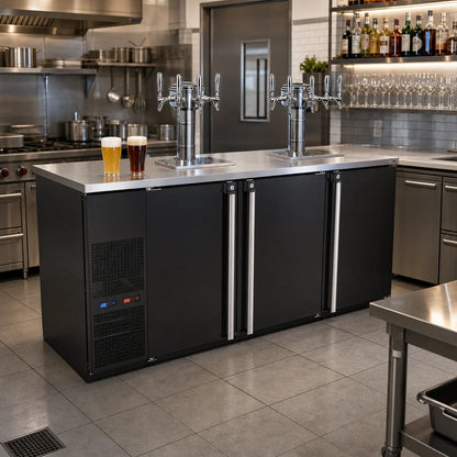 Micro Matic Pro-Line MBB78BC-E-B 80-Inch Dual-Temperature Three-Section Beverage Station Beer Dispenser, 12-Keg, 8-Faucet, Black Exterior
