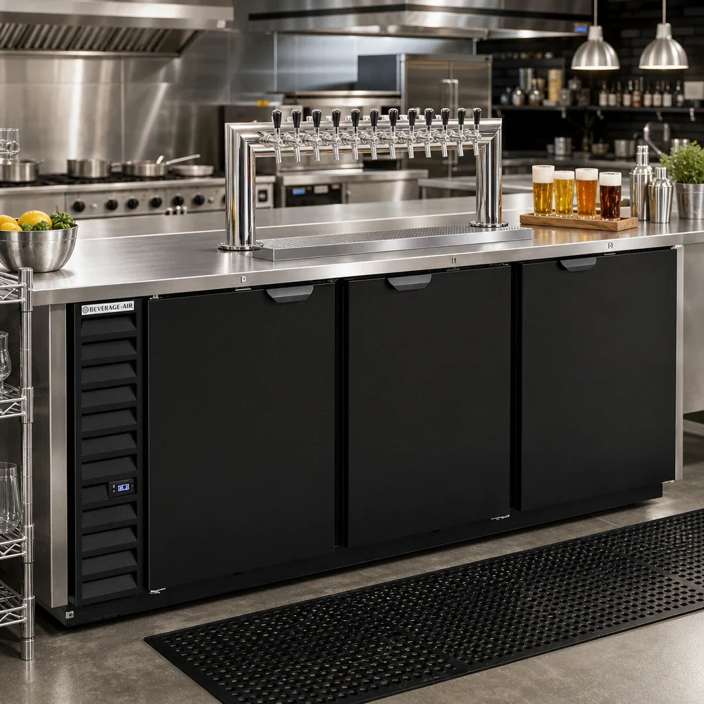 Beverage Air DD94HC-B-12T 94-Inch 3-Door Direct Draw Beer Dispenser with 12 Taps, 5 Half-Barrel Keg Capacity, Black Exterior