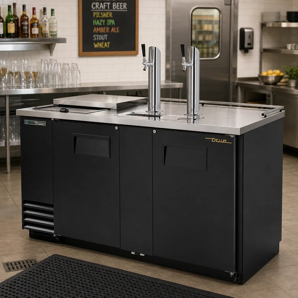 True General Foodservice TDD-3CT-HC Club Top Direct Draw Beer Dispenser, 3 Half-Barrel Capacity, 2 Columns, Black Exterior