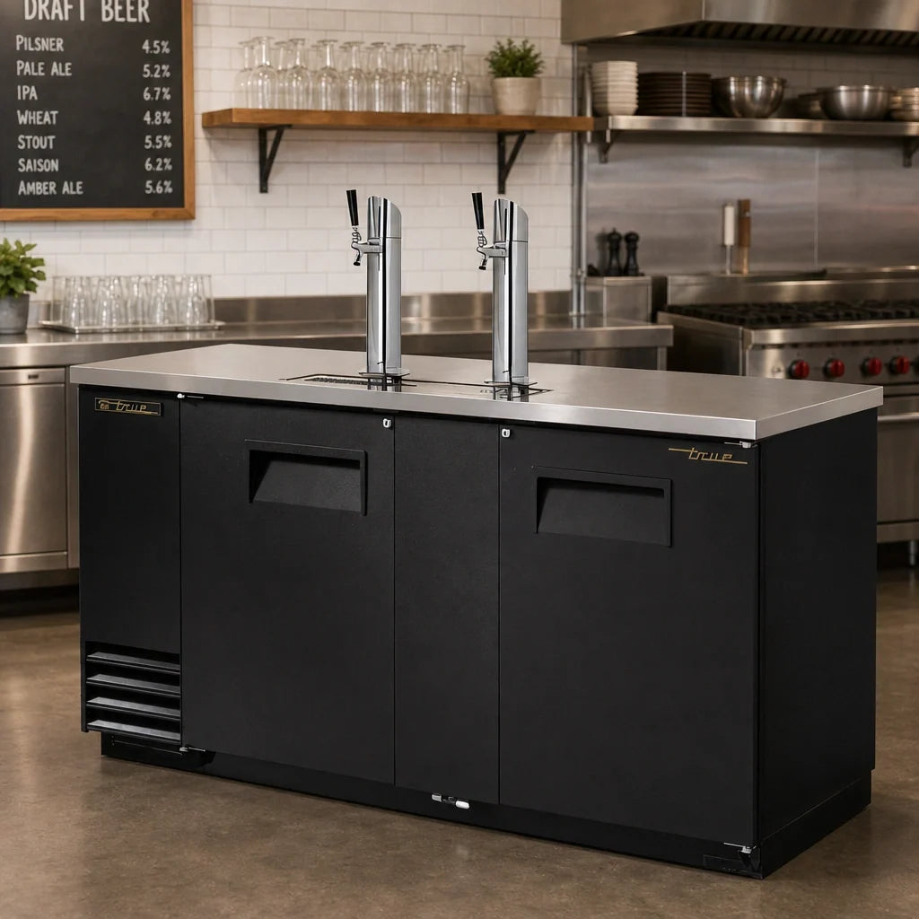 True General Foodservice TDD-3-HC 3 Half-Barrel Direct Draw Beer Dispenser, 2 Columns, Black Exterior, Stainless Steel Top