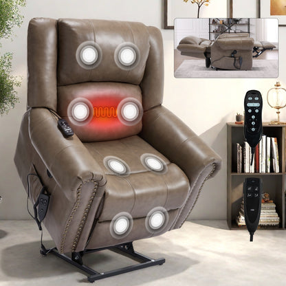 Genuine Leather Power Lift Recliner Chair with Heat and Massage – Brown or Red