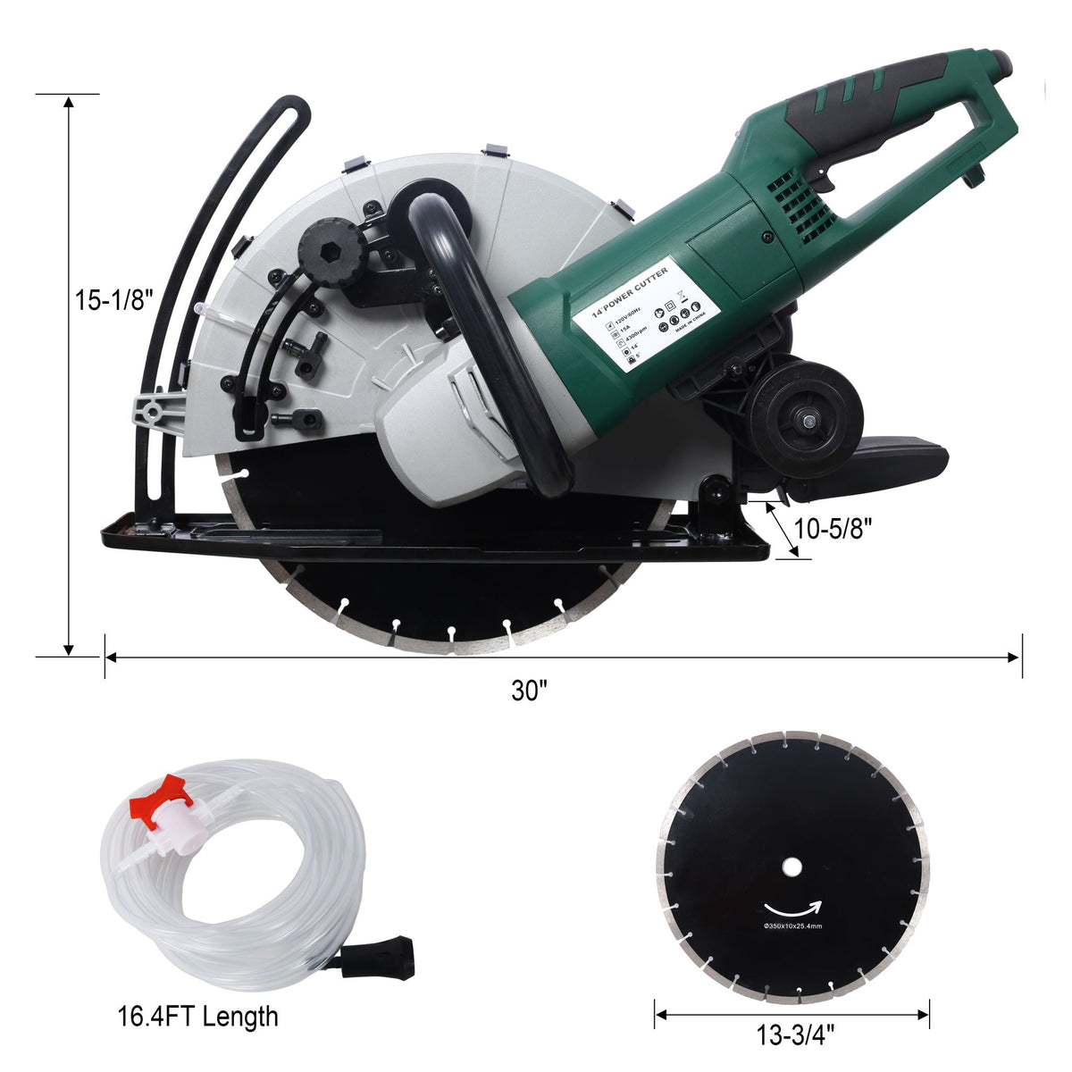 Portable Electric Corded Circular Concrete Saw 14" Wet / Dry Cutter 2600W Green Steel With Water Line & Guide Roller - Green