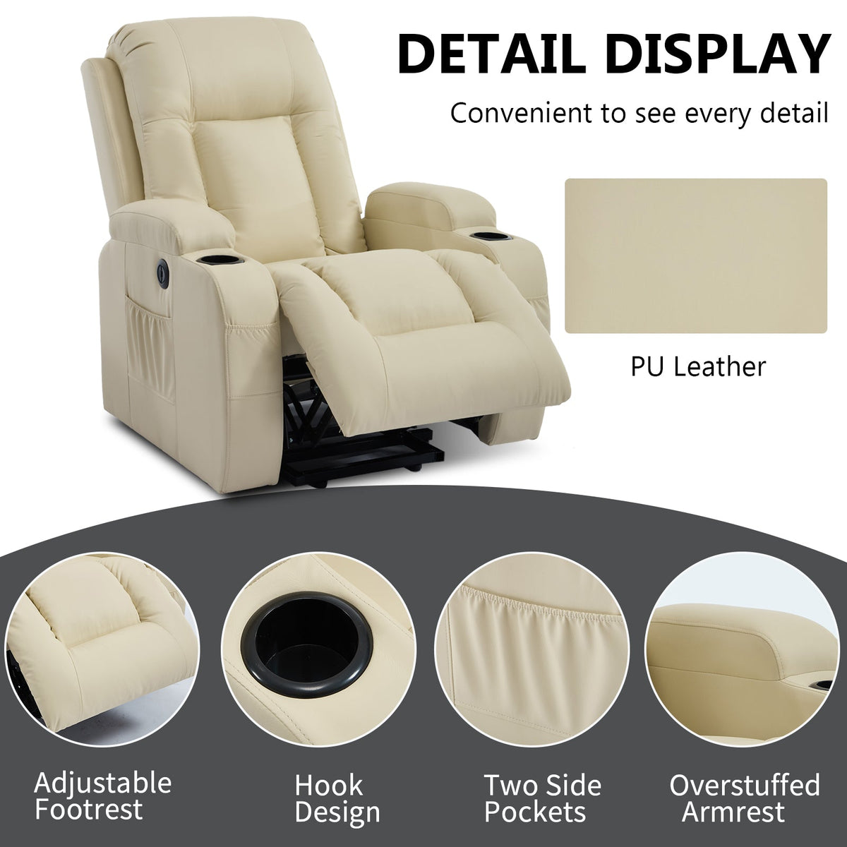 Beige PU Power Lift Recliner Chair with Massage & Heating - Infinite Position