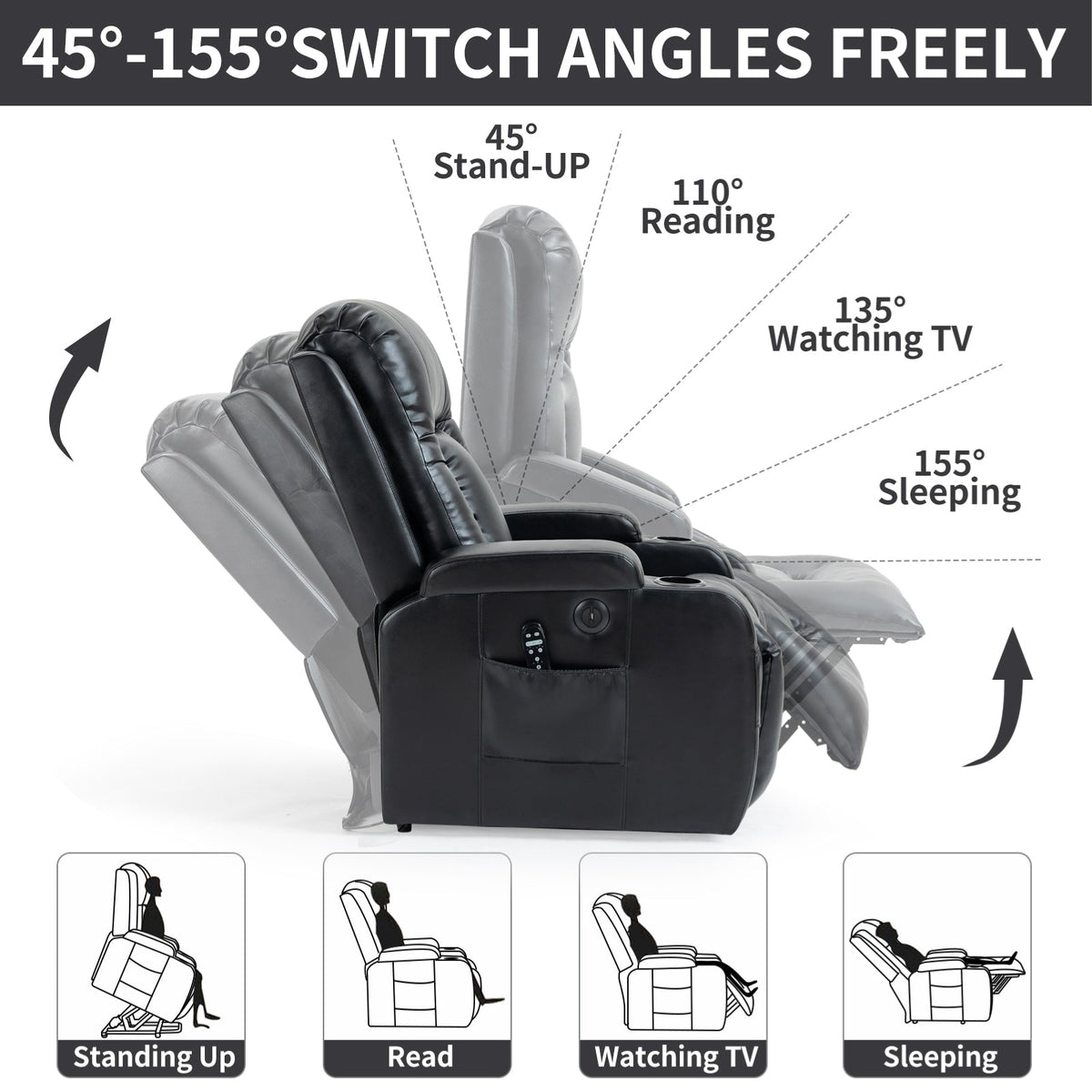 Infinite Position Power Lift Recliner Chair with Massage – Black
