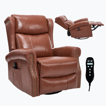 Genuine Leather Heat Massage Manual Recliner Chair with Rocker and Swivel - Red
