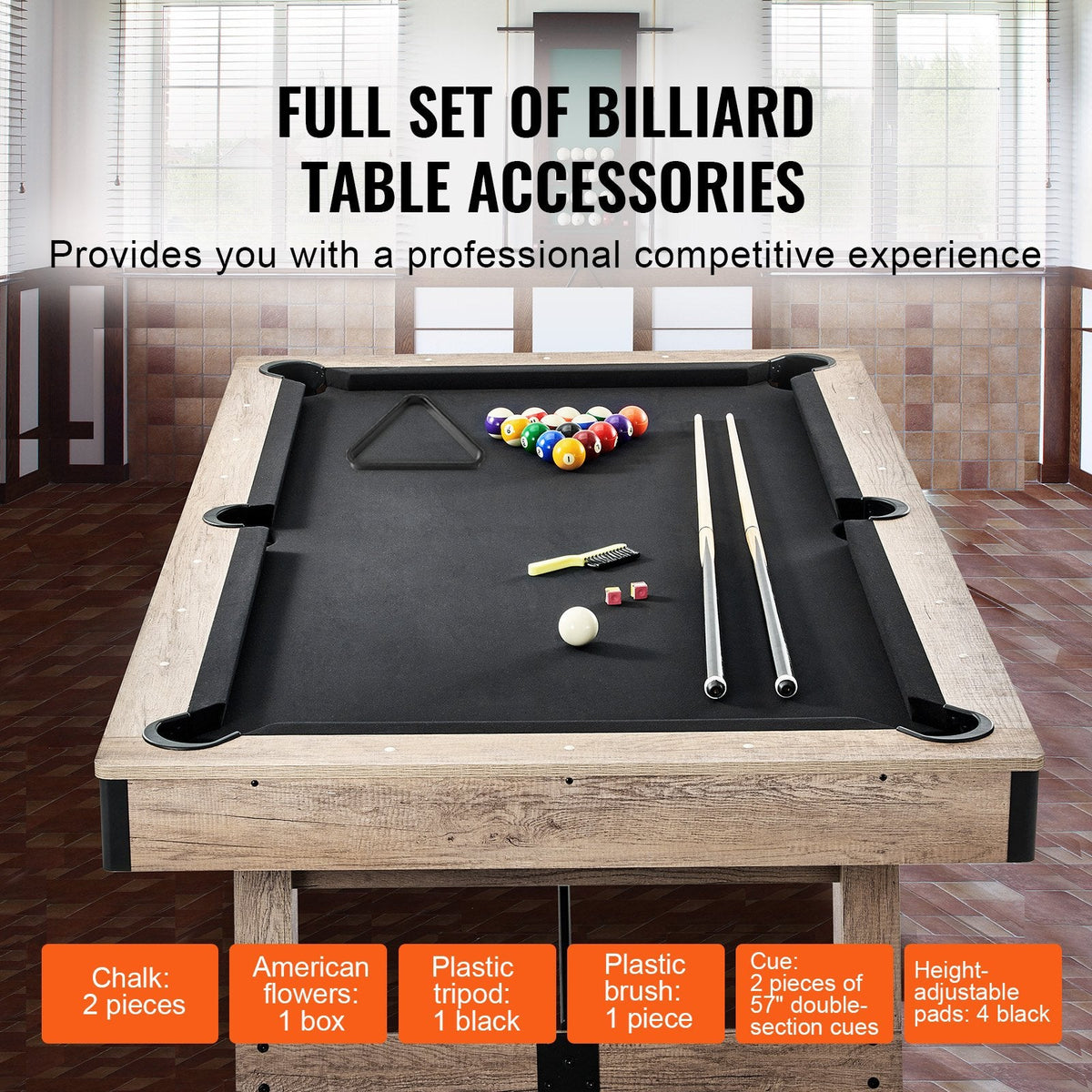 Billiards Table, 7 Ft Pool Table, Adjust Legs Stable Billiards Table, Pool Table Set Includes Balls, Cues, Chalks And Brush, Wood Color With Black Cloth, Perfect For Family Game Room Kids Adults