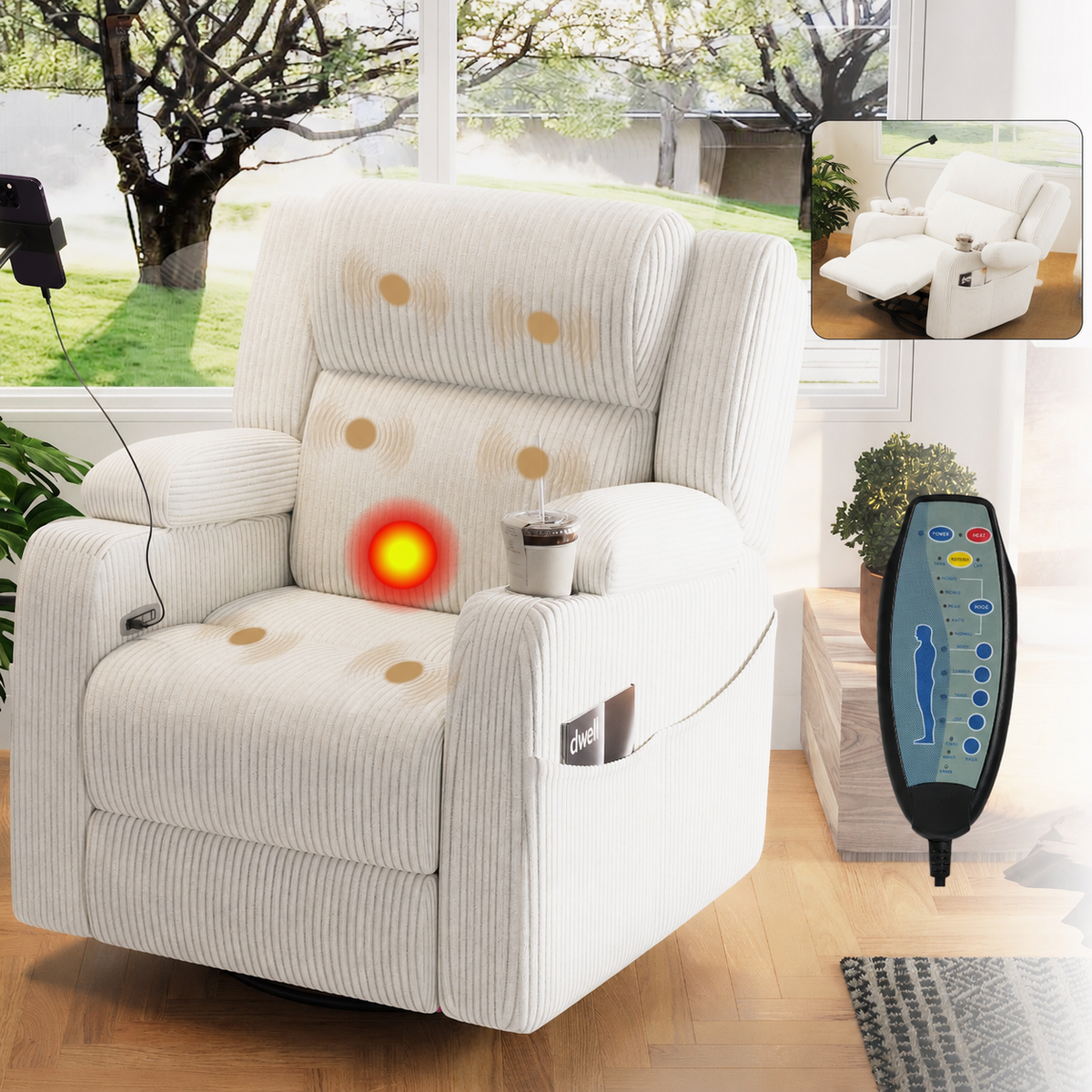 Electric Power Recliner Chair with Heat and Massage - Corduroy
