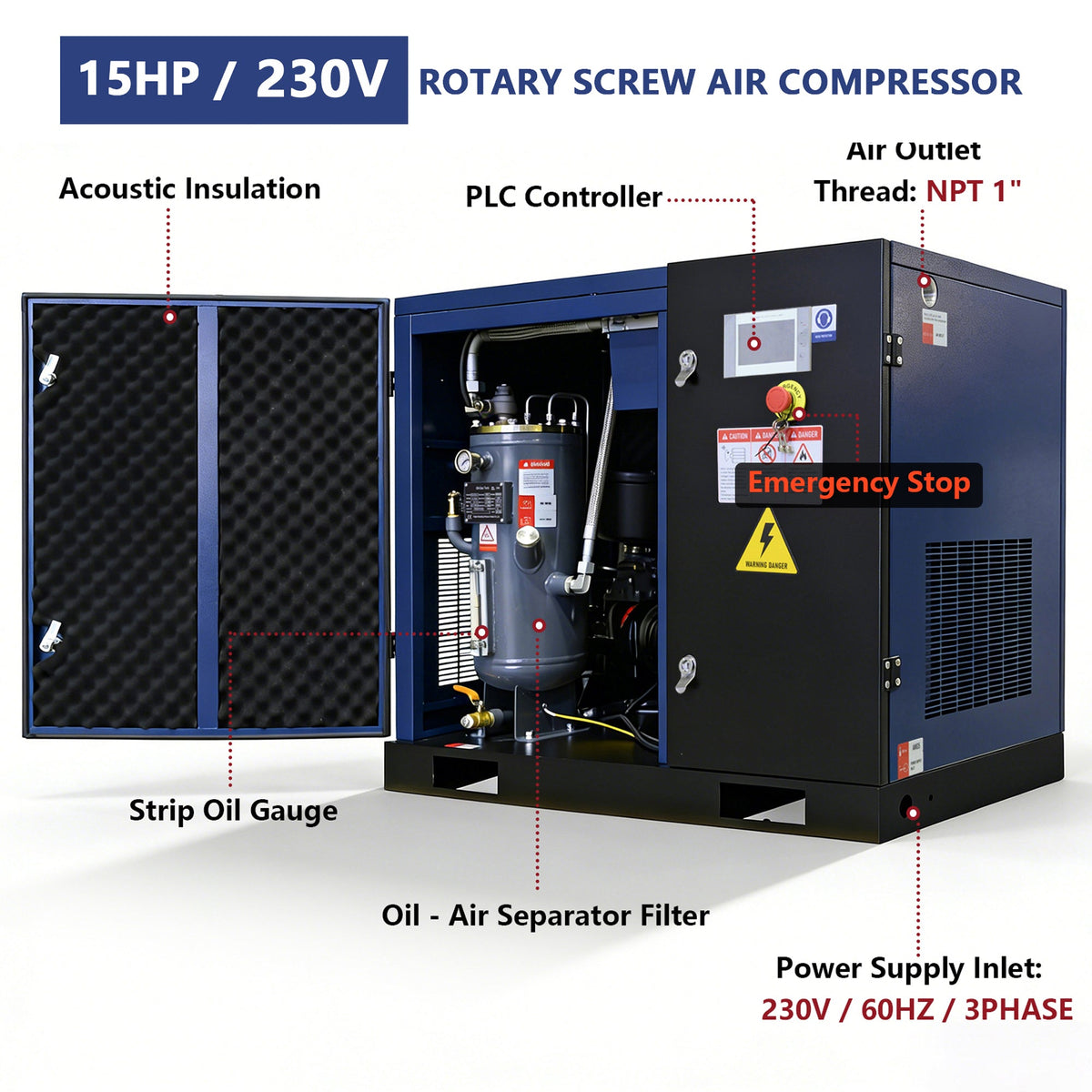 15HP Rotary Screw Air Compressor with LCD Controller - Dark Blue