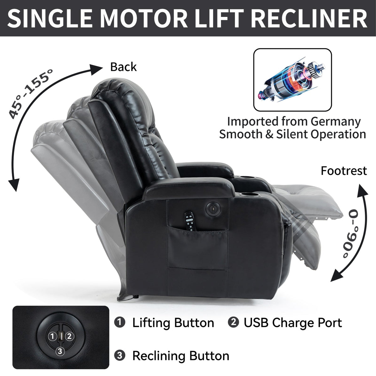 Infinite Position Power Lift Recliner Chair with Massage – Black