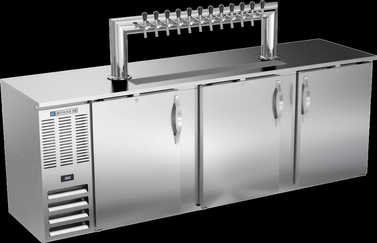 Beverage Air DDN94HC-S-12T 94-Inch 3-Door Direct Draw Beer Dispenser with 12-Tap Tower and 5 Half-Barrel Keg Capacity