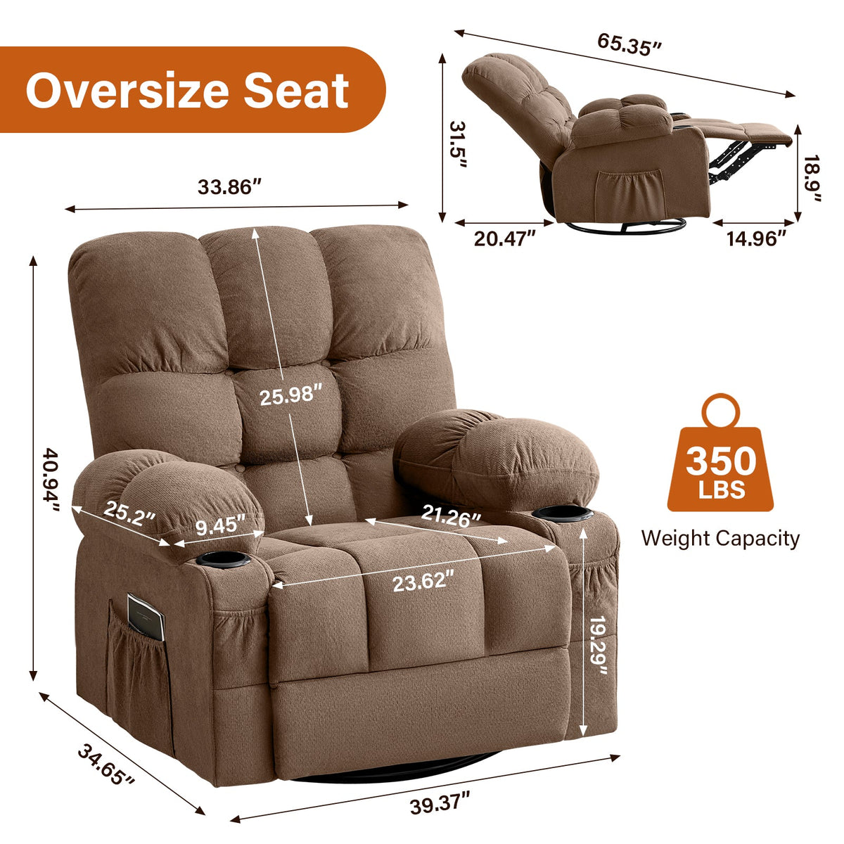 Massage Swivel Recliner Chair with Vibration Massage and Lumbar Heating - Green or Brown