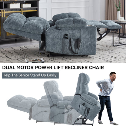 Grey Chenille Power Lift Recliner Chair with Massage - Grey