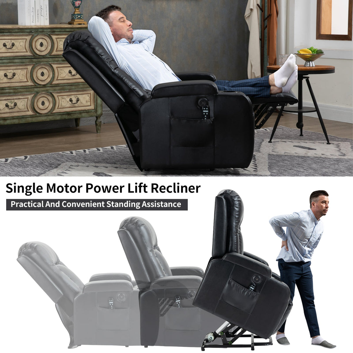 Infinite Position Power Lift Recliner Chair with Massage – Black