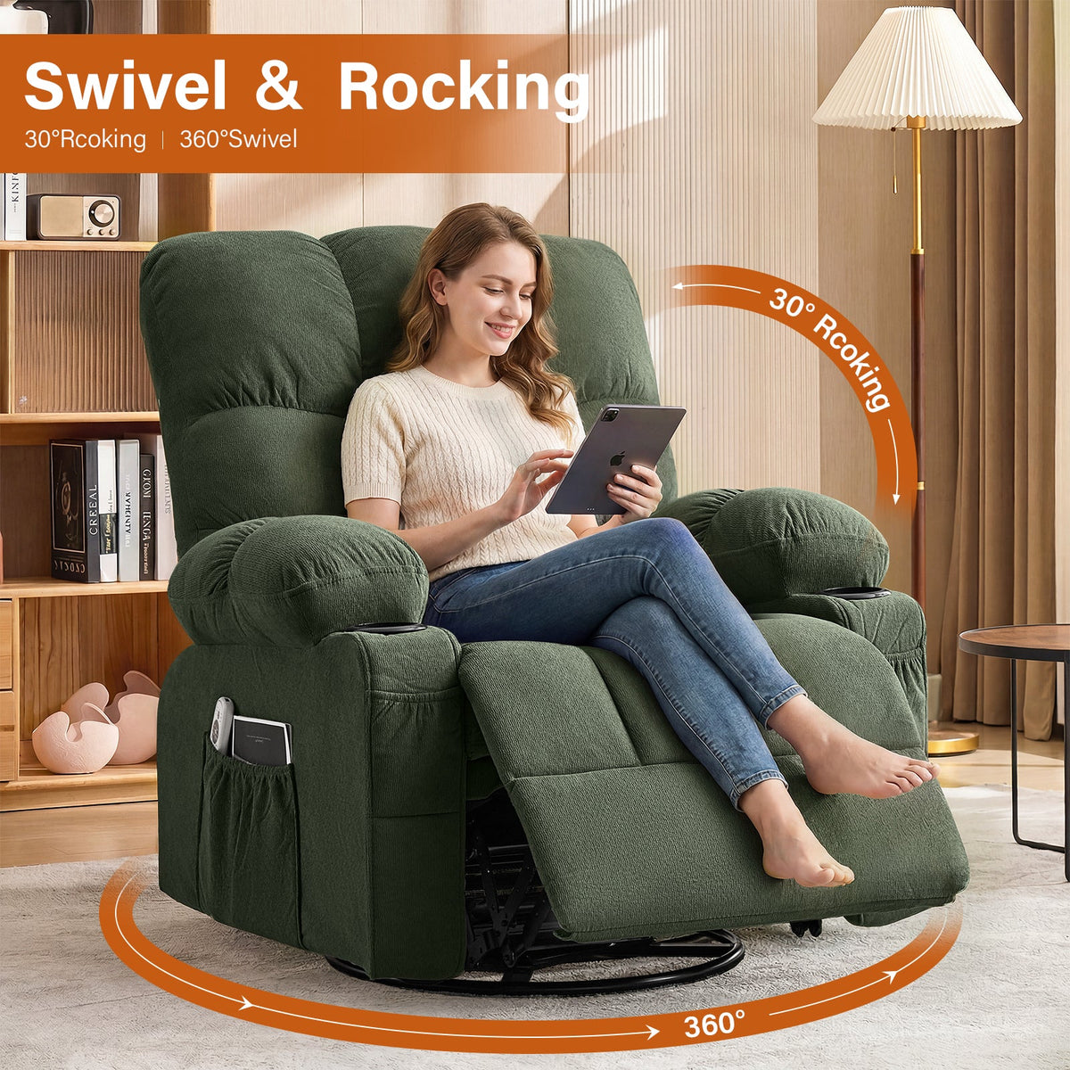 Massage Swivel Recliner Chair with Vibration Massage and Lumbar Heating - Green or Brown