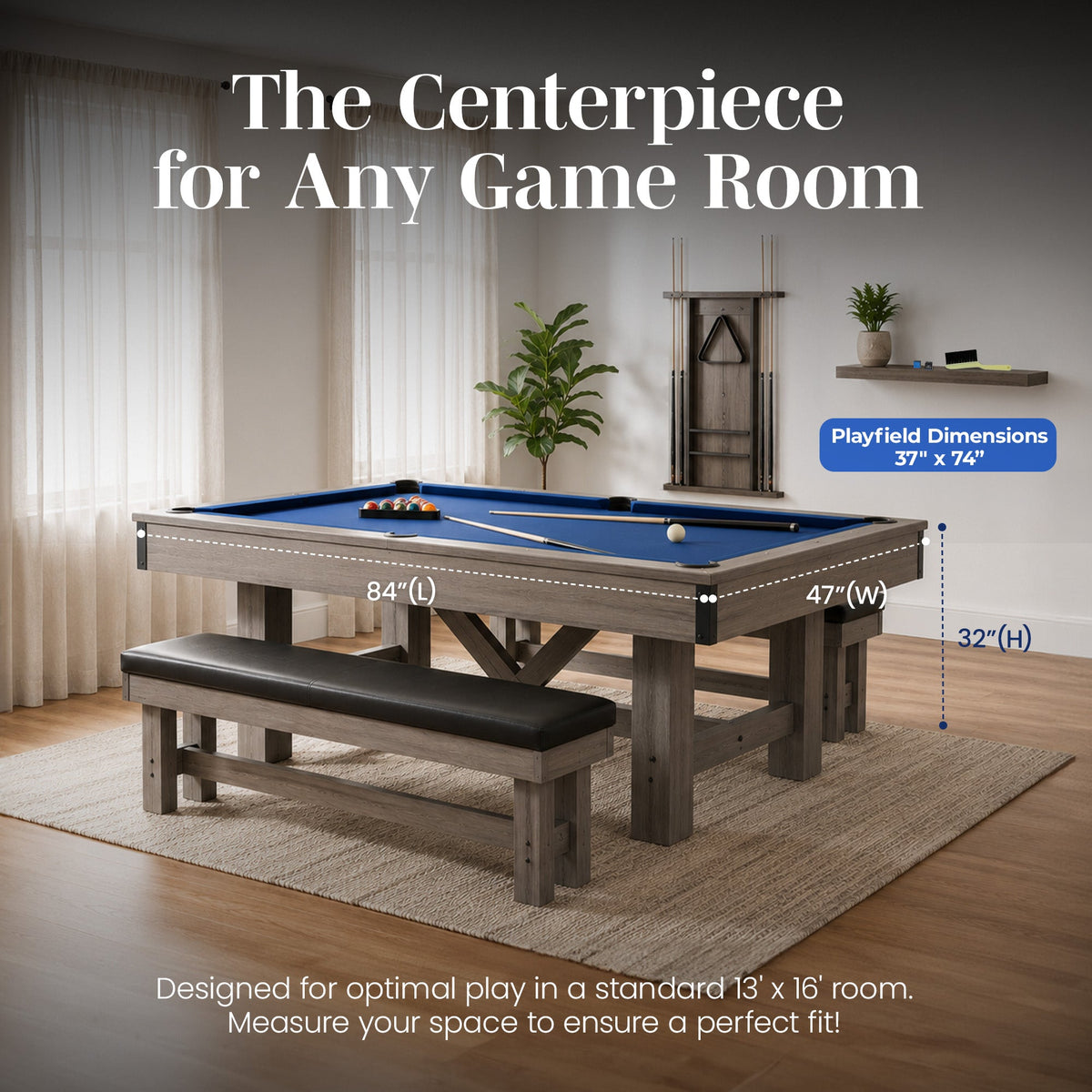 Hathaway Logan 7-ft Pool Table Combo Set with Benches - Rustic Gray with Blue Felt