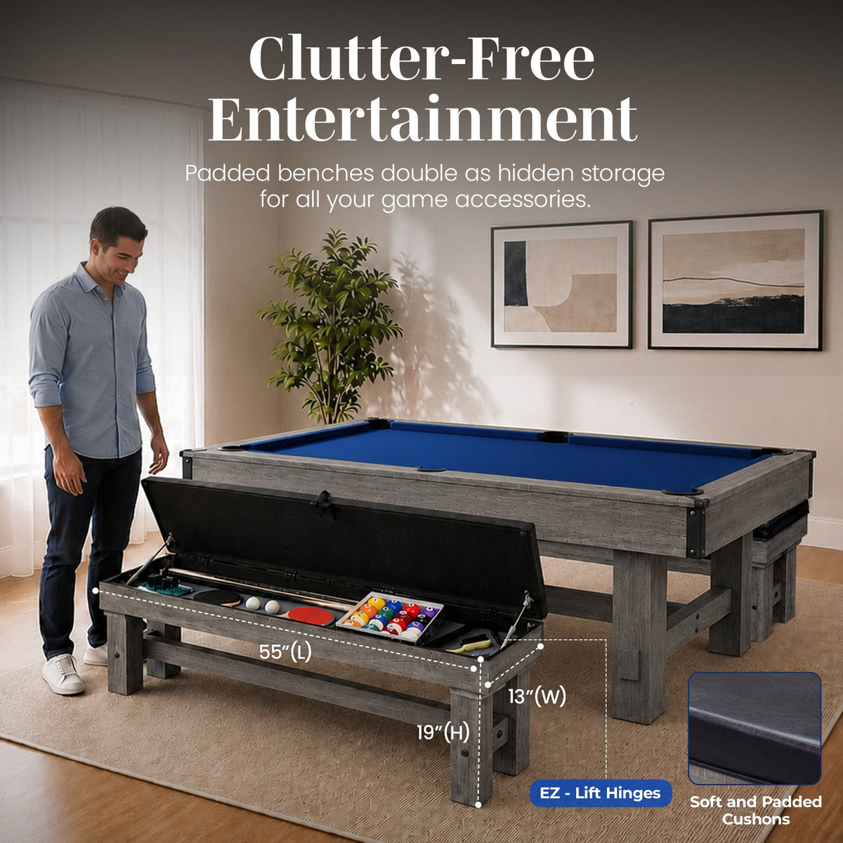 Hathaway Logan 7-ft Pool Table Combo Set with Benches - Rustic Gray with Blue Felt