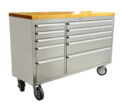 Omcan USA 40463 Mobile Stainless Steel Work Bench with Rubberized Wood Top and 10 Locking Drawers, 55 x 18 x 37 Inches