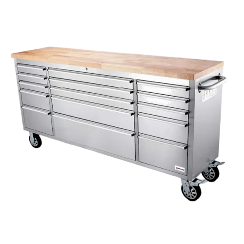 Omcan USA 48593 Mobile Stainless Steel Work Bench with Rubberized Wood Top, 15 Locking Drawers, 4 Casters, 72 x 22 x 35 Inches