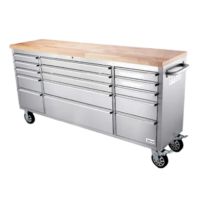 Omcan USA 48593 Mobile Stainless Steel Work Bench with Rubberized Wood Top, 15 Locking Drawers, 4 Casters, 72 x 22 x 35 Inches